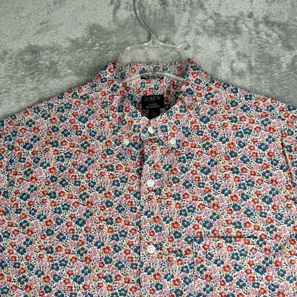 J.Crew Floral Shirt Men Large Red Blue Colorful Slim Fit Flex Washed Button Down